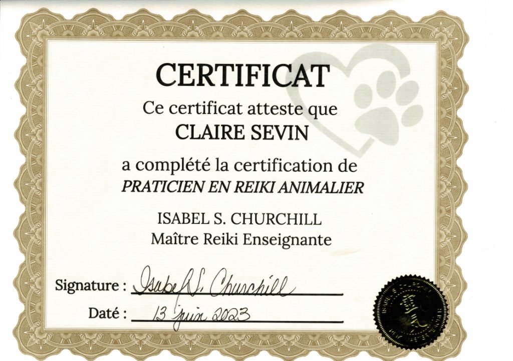 Certificat Praticienne en Reiki Animalier