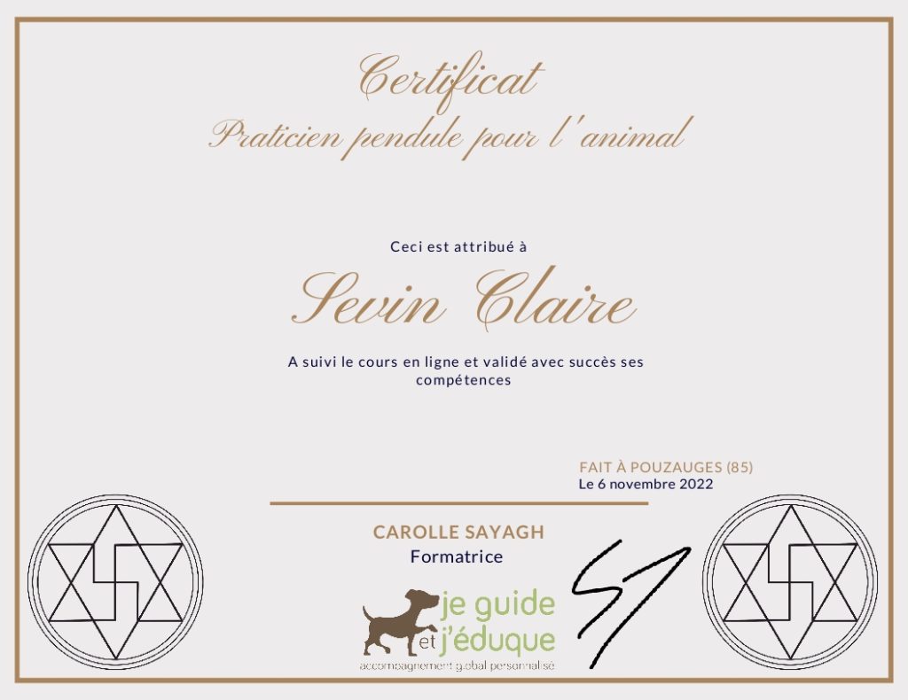 Certificat Radiesthésie - Pratique Pendule autour de l'animal