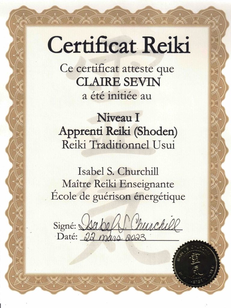Certificat Reiki - Niveau I